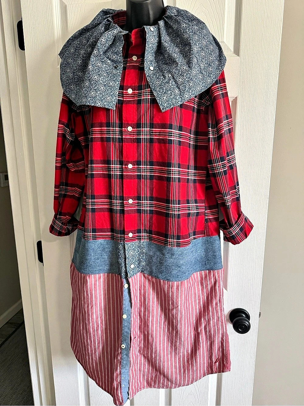 Upcycled Plaid Color Block Midi Dress in Red & Blue